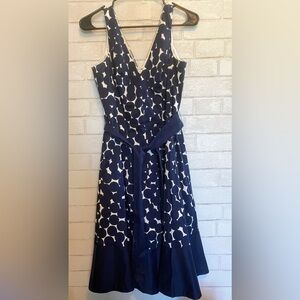 Nine West Women's Sleeveless Polka Dot with Belt Flare Dress (Navy, 8) #024